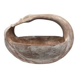 Vintage Hand Carved Wood Swan Basket Whitewashed Coastal Centerpiece For Sale