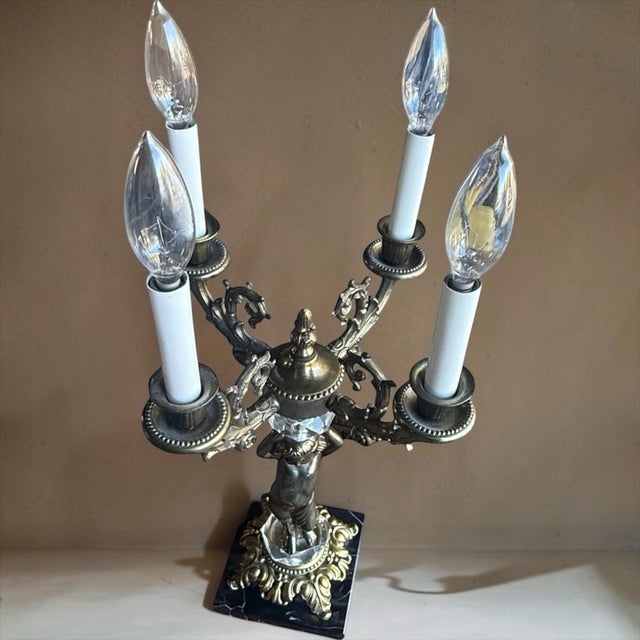 Hollywood Regency Vintage Hollywood Regency Four-Light Cherub Candelabra Table Lamp With Marble Base For Sale - Image 3 of 10