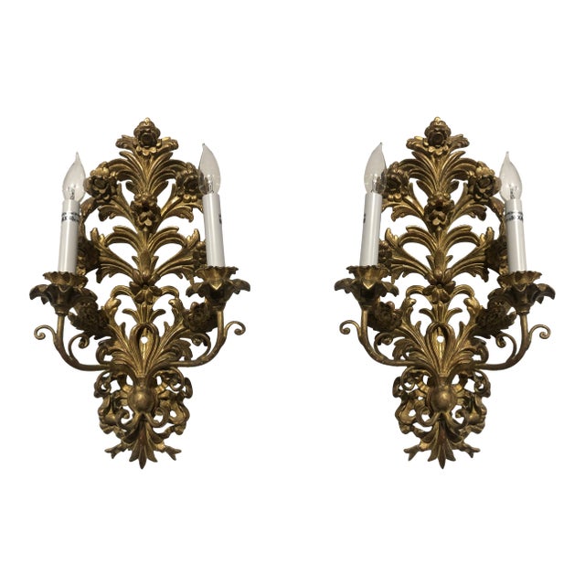 Pair of Traditional Italian Hand Carved Wood Floral Design Sconces For Sale