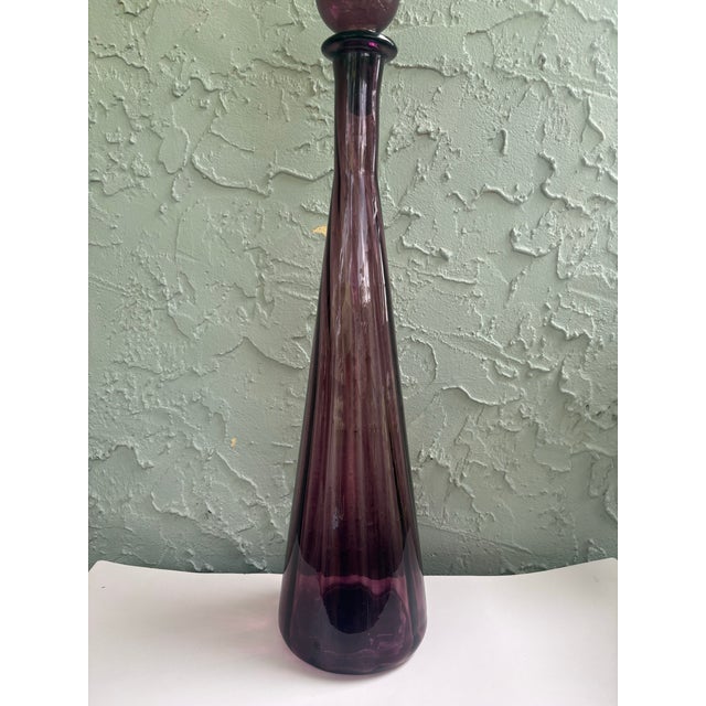 Mid-Century Modern 1960s Italian Empoli Amethyst Glass Genie Bottle Decanter With Original Stopper – 26.75” Tall For Sale - Image 3 of 11