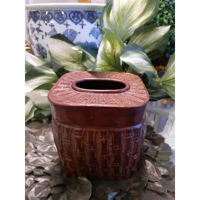 Vintage Metal Dark Faux Wood Tone, Faux Bamboo Tissue Box Cover Holder For Sale - Image 4 of 5