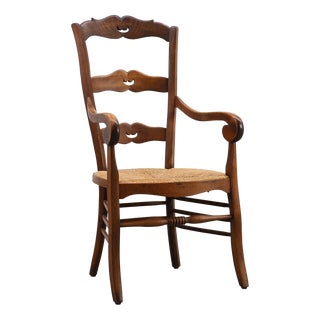 19th Century French Provincial Ladder‑back Armchair with Woven Rush Seat For Sale