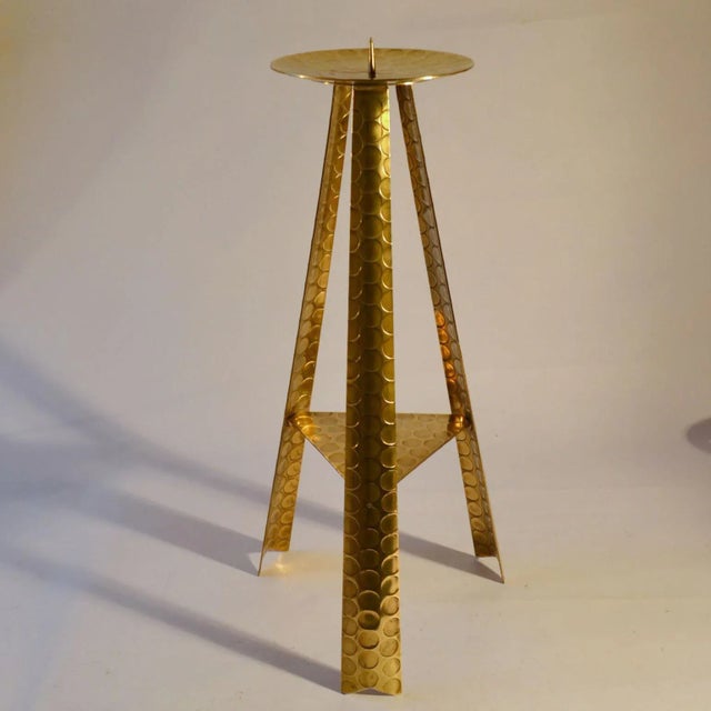 Large 1950's floor candle holder handcrafted in brass with stamped circle pattern surface for pillar candles. Possible...