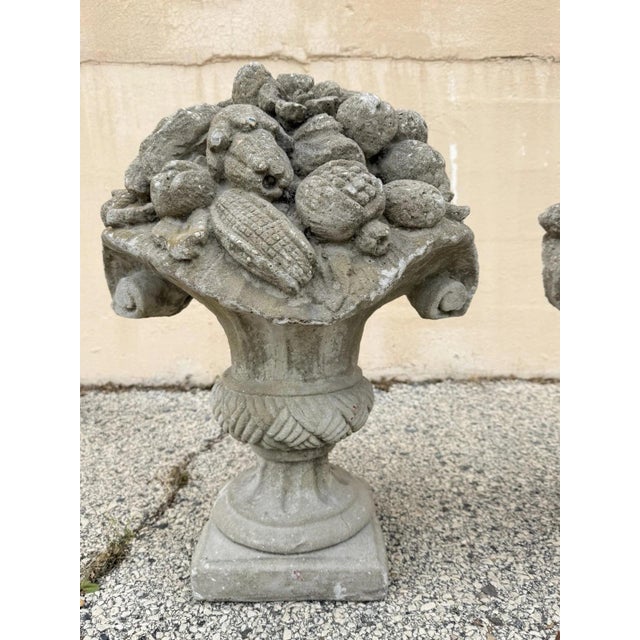 Vintage Cast Cement Stone 26" Fruit & Flower Basket Garden Lawn Ornament - Pair For Sale - Image 13 of 15