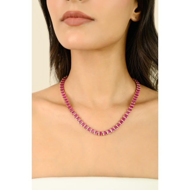 VRJewels Luxury 50.19 Ct Ruby & 3.06 Ct Diamond Tennis Necklace in 14k Yellow Gold For Sale In New York - Image 6 of 13