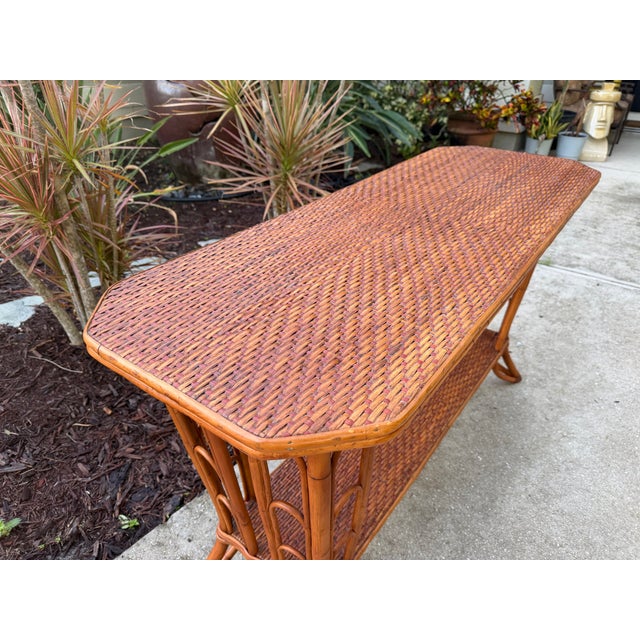 Vintage Palm Beach Handwoven Natural Rattan Console Table For Sale - Image 14 of 15