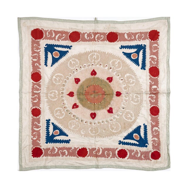 Vintage Embroidery Suzani from Uzbekistan, circa late 1960s. Dimension; 46'' x 48'' inches / 118 x 123 cm / 3'10'' x 4'0''...