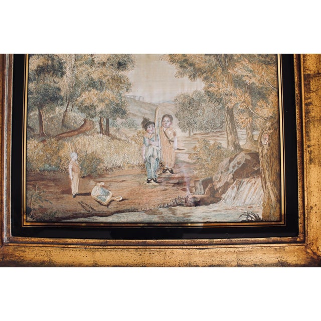 French Provincial Very Large Antique Framed Needlework, “Boys Playing Soldiers” For Sale - Image 3 of 12