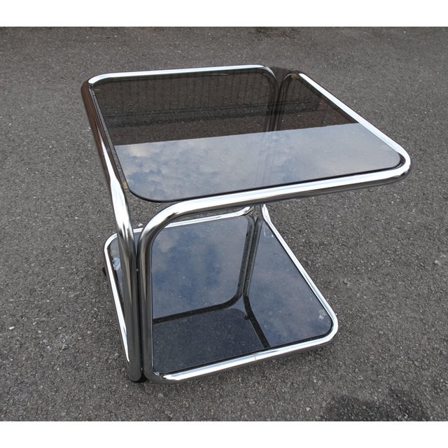 Mid-Century Modern Vintage Italian Chrome and Smoked Glass Rolling Side Table, 1970s For Sale - Image 3 of 15