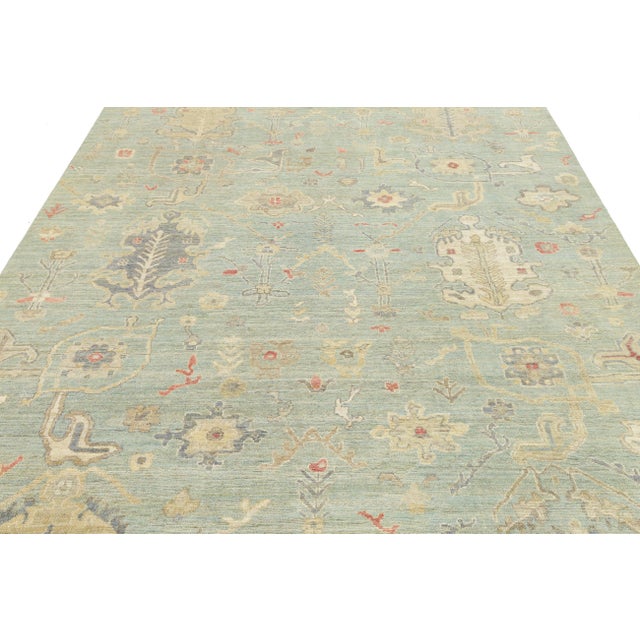 2020s 8x10 Modern Sage Green Oushak Style Hand-Knotted Wool Area Rug - Pastel Floral For Sale - Image 5 of 11
