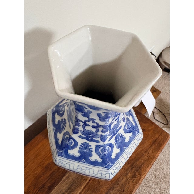 Chinoiserie Vintage 15″ Blue & White Ceramic Vase, Hexagonal Shape, Hand‑Painted Floral Design For Sale - Image 3 of 9