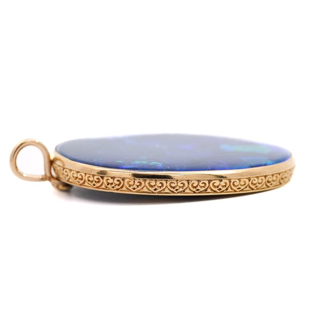 1950s Gia Certified 35 Carat Marcus & Co Australian Black Opal in 18k Gold Pendant For Sale In Miami - Image 6 of 8