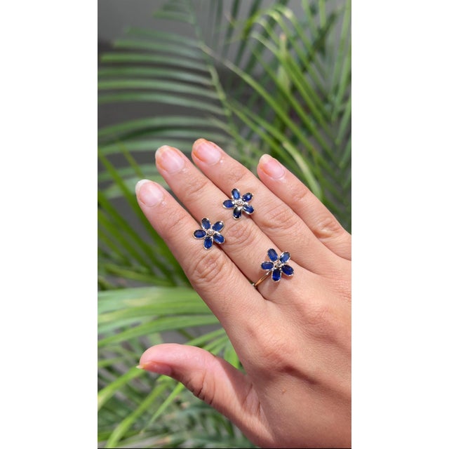 Metal Art Deco Floral Blue Sapphire Stud Earrings - 2 Pieces For Sale - Image 7 of 14