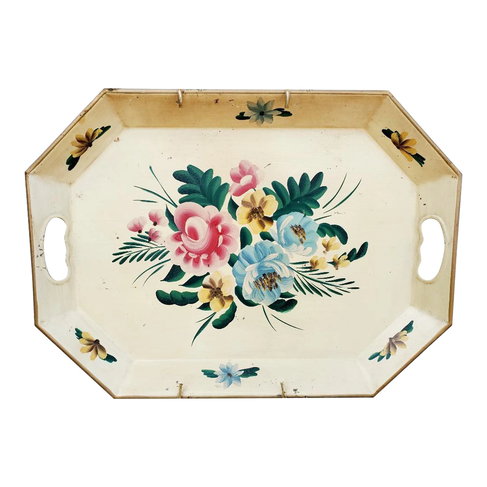 Mid 20th Century Hand-Painted Vintage Floral Metal Tray