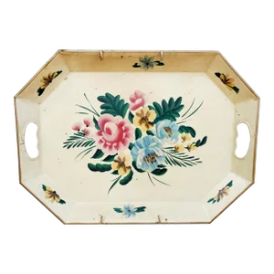 Mid 20th Century Hand-Painted Vintage Floral Metal Tray