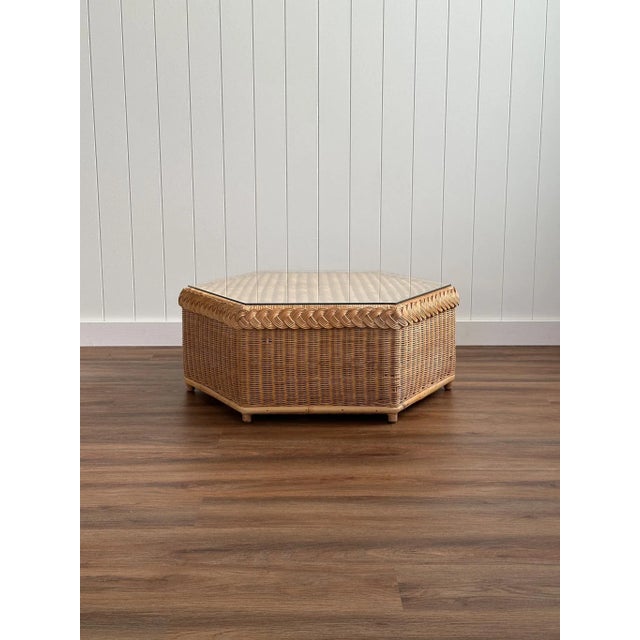 Vintage Brown Jordan Braided Wicker Hexagonal Coffee Table For Sale - Image 11 of 15