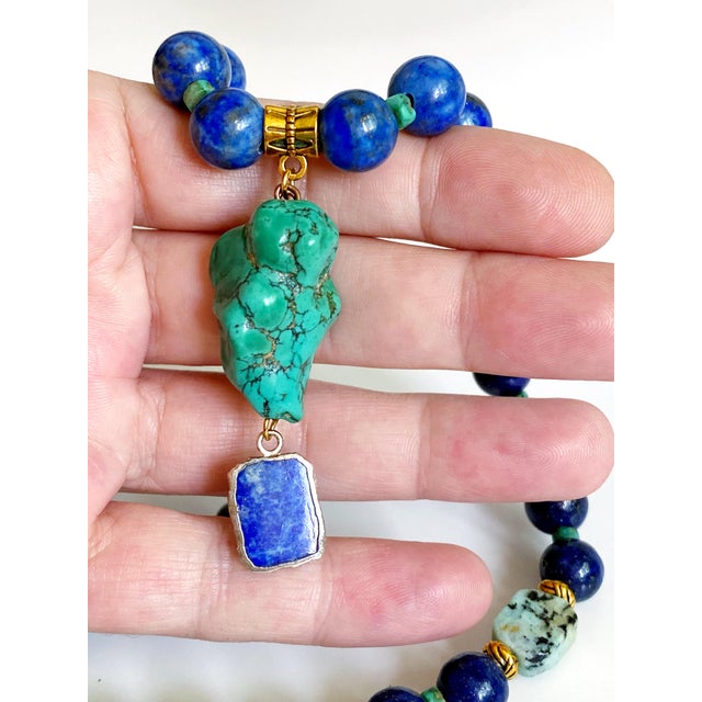 One-of-a-Kind Lapis Lazuli & Turquoise Statement Necklace | Vintage Turquoise Pendant | Artisan Bohemian Luxury Jewelry For Sale - Image 12 of 17