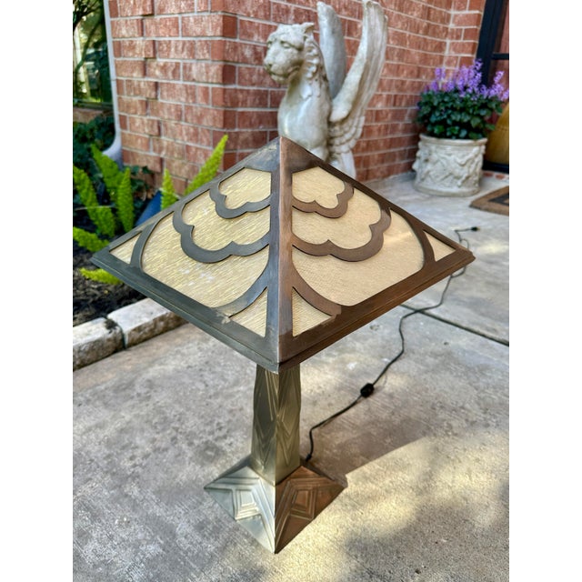 Glass Vintage Arts and Crafts Style Metal and Threaded Glass Lamp For Sale - Image 7 of 7