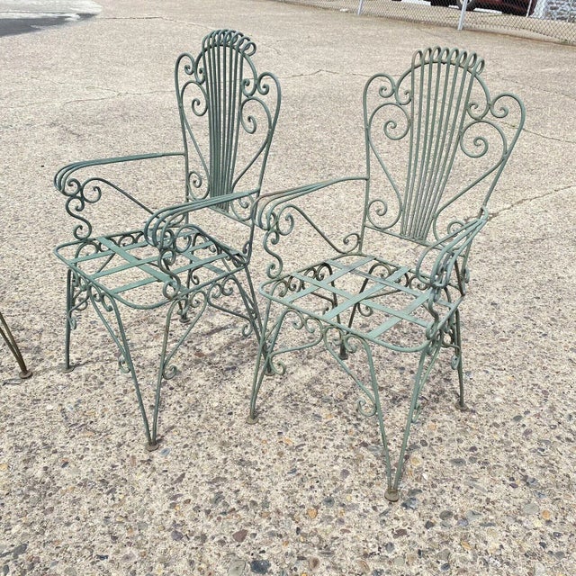 Vintage Neoclassical Style Green Wrought Iron Lyre Harp Garden Chairs - Set of 4 For Sale - Image 11 of 12