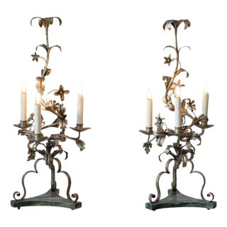 Pair Of Italian Candelabra 20th Century Silver-leaf Wrought Iron Foliate Lamps For Sale
