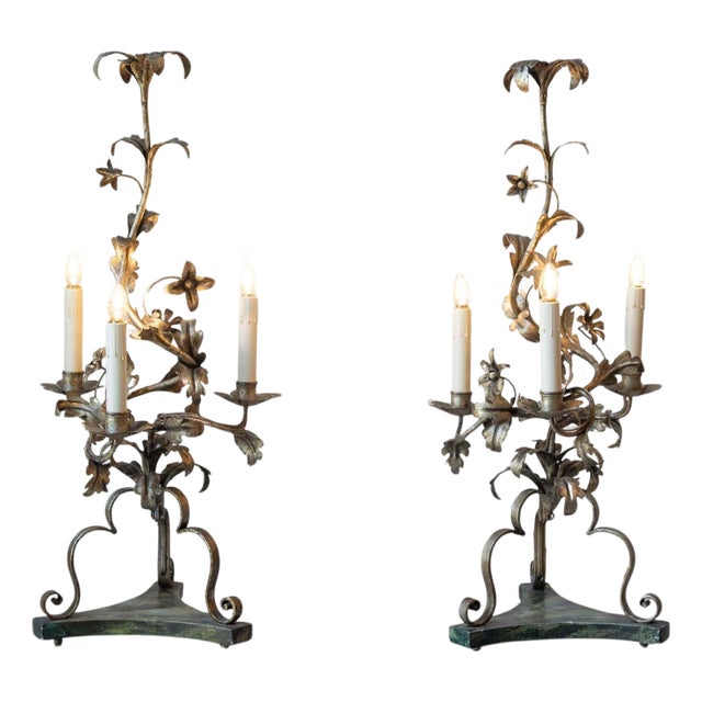 Pair Of Italian Candelabra 20th Century Silver-leaf Wrought Iron Foliate Lamps For Sale