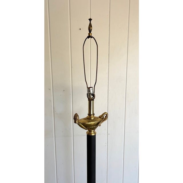 1960s-70s black/brass metal post floor lamp w/ pineapple detail at neck. Some mild patina to metal around base as shown....