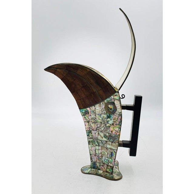 Brown 1950s Jeronimo Fuentes Abalone & Wood Inlay Toucan Pitcher, Emilia Castillo Style For Sale - Image 8 of 18