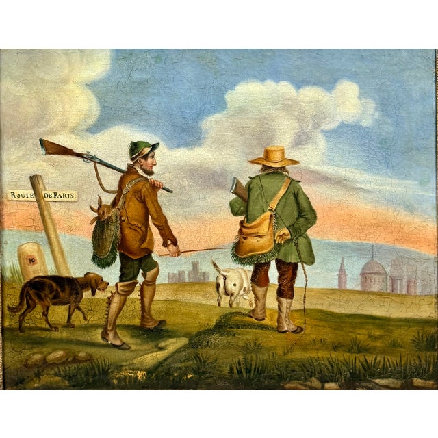 Oil on canvas depicting a hunting party returning from the hunt, painted in the 19th century. A scene of two hunters...