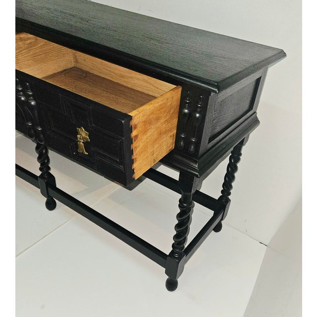 Wood Antique Kittinger Two Drawer Ebonized Oak Jacobean Style Sideboard / Console Table For Sale - Image 7 of 12