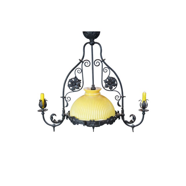 Antique Victorian converted gas 3 light parlor pendant / pool table chandelier. Made of scrolled wrought iron featuring...