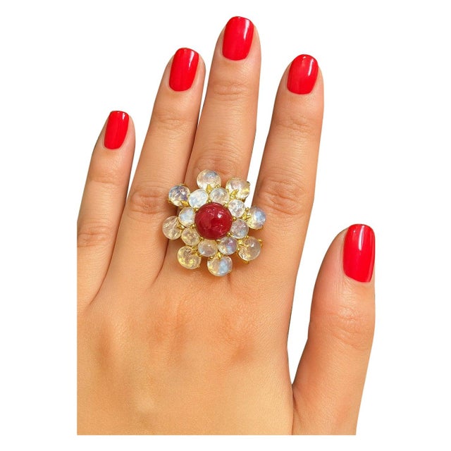 Bochic "Orient" Vintage Bubble Cabochon Ruby & Moon Stone Ring Set 18K Gold & Silver For Sale - Image 10 of 18