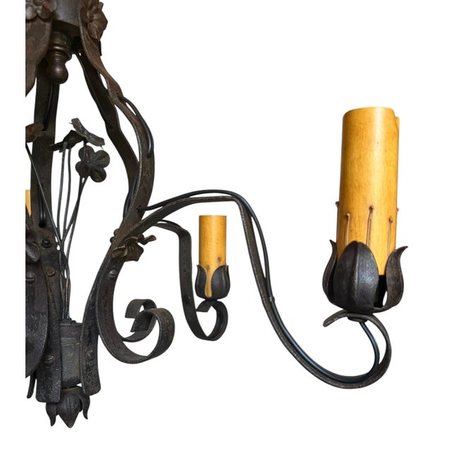 Metal Vintage French Wrought Iron Chandelier With Forged Flowers For Sale - Image 7 of 13