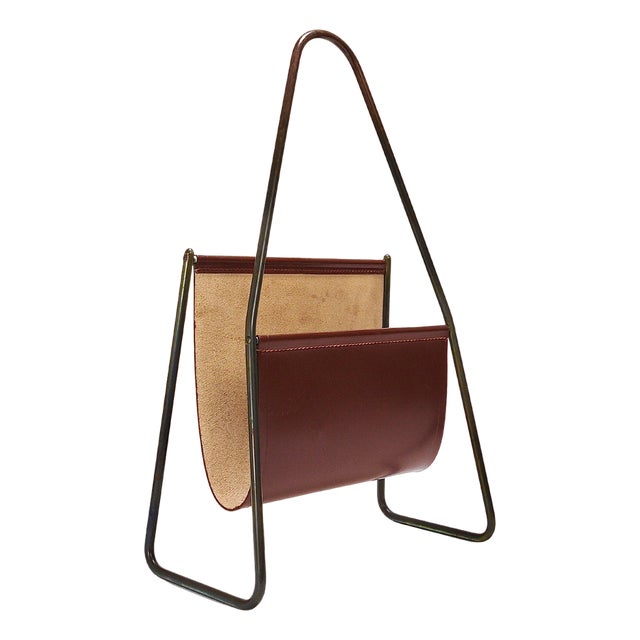 Mid-Century Magazine Rack in Brass & Brown Leather attributed to Carl Auböck, Austria, 1950s For Sale