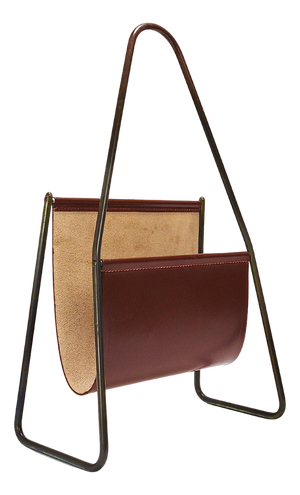 Mid-Century Magazine Rack in Brass & Brown Leather attributed to Carl Auböck, Austria, 1950s