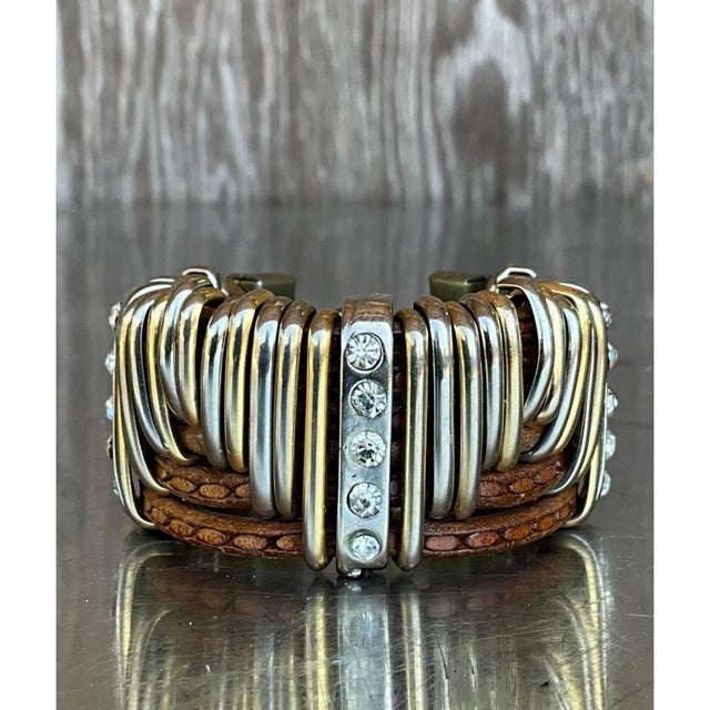 Mid-Century Modern Vintage Leather & Silver Rhinestone Cuff Bracelet For Sale - Image 3 of 12