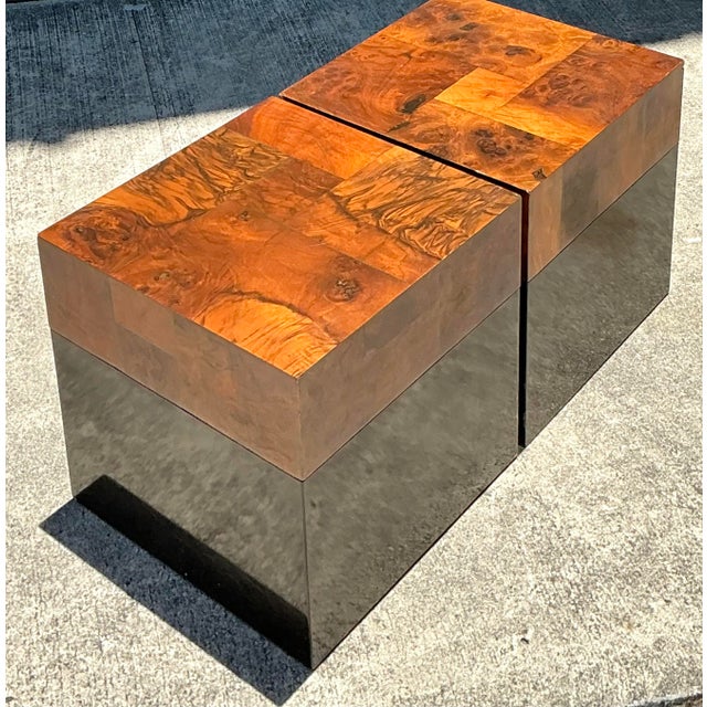 Late 20th Century Vintage Burl Parquet Low Drinks Tables - A Pair For Sale - Image 5 of 12