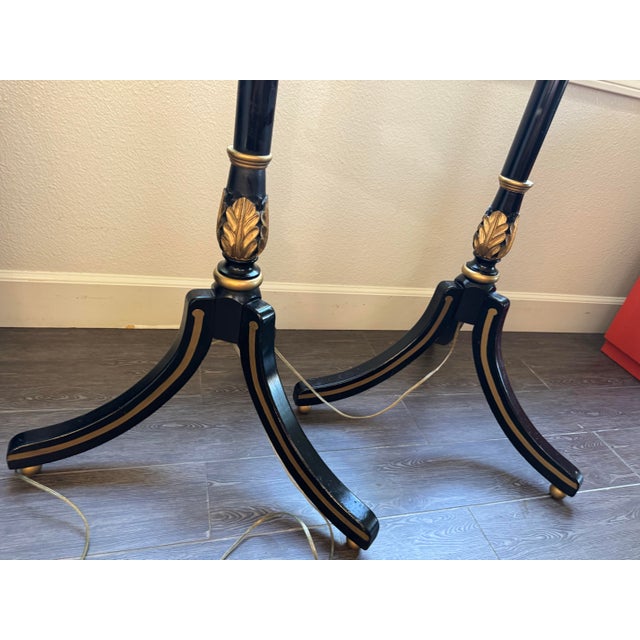 French Vintage, Neoclassical Ebonized & Gilt Tripod Floor Lamps Pair For Sale - Image 3 of 12