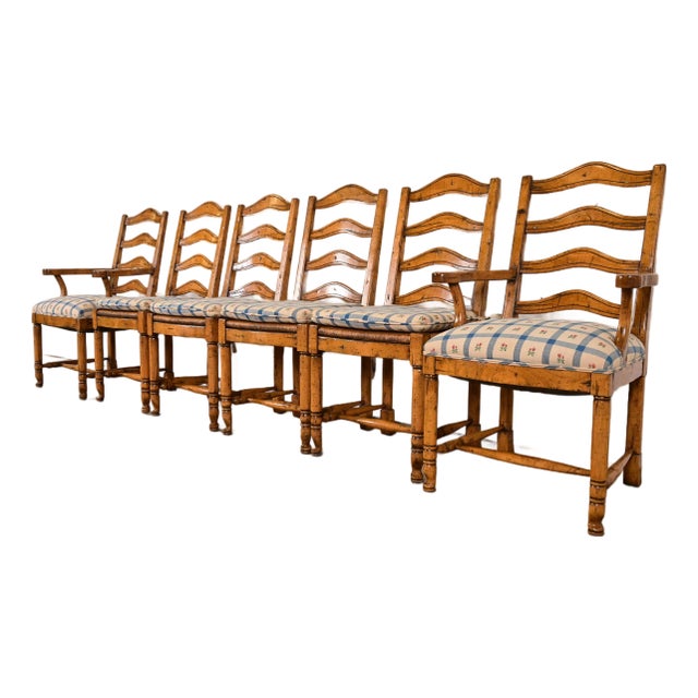 Guy Chaddock English Country Rustic Carved Maple Ladder Back Dining Chairs, Set of Six For Sale