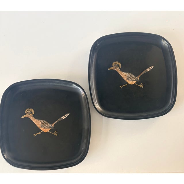Mid-20th Century Modern Couroc of Monterey Black, Gold, and Bronze Roadrunner Square Trays - A Pair For Sale In Palm Springs - Image 6 of 11