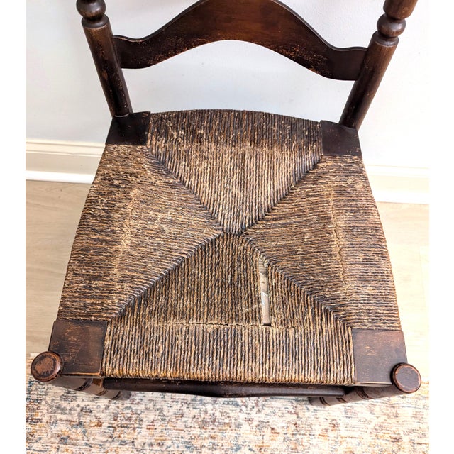 Antique Heywood Wakefield Ladder Back Chair Original Finish Rush Seat For Sale In Raleigh - Image 6 of 7