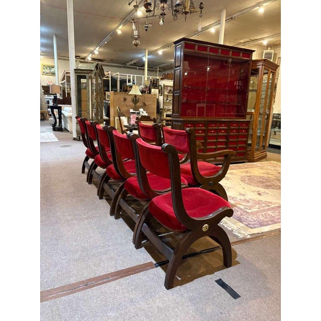 Red Custom Vintage 1960s Mid Century Modern Marlau of Madrid Glass Top Dining Table With 6 Red Velvet Curule Style Dining Chairs For Sale - Image 8 of 9