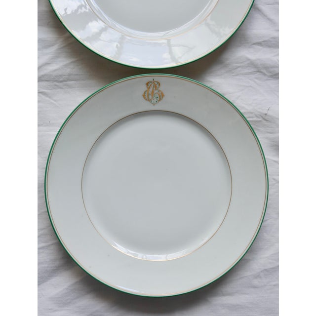 Antique Porcelain Dessert Plates with CB Monograms and Green and Gilt Borders from Limoges, 1960s, Set of 6 For Sale - Image 3 of 9