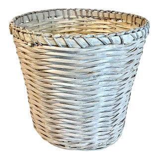 Mid-Century Boho Chic Coastal White Washed Wicker Wastebasket. For Sale