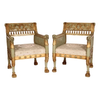 Pair of Empire Style Painted and Gilt Decorated Bergeres For Sale