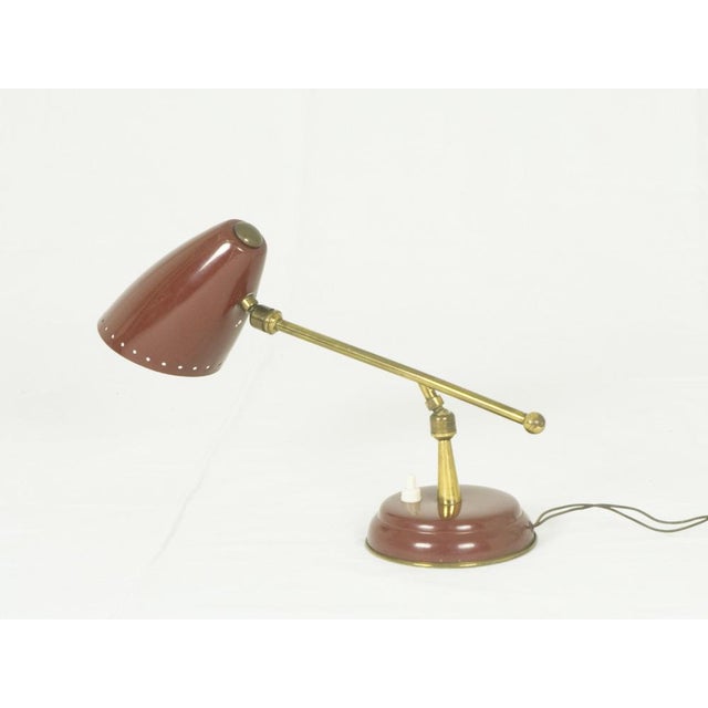 Mid-Century Modern Small Mid-Century Adjustable Burgundy Metal & Brass Table Lamp from Oscar Torlasco, 1950s For Sale - Image 3 of 13