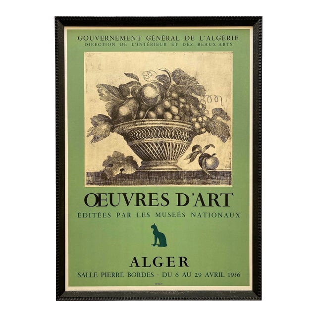 Demetrios Galanis Vintage 1956 Neoclassical Mourlot Lithograph Print Framed Art Deco Algiers Exhibition Poster " Basket of Fruit " 1924 For Sale