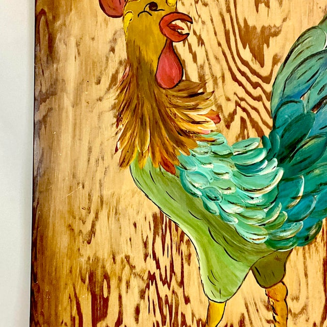 1970s Mid-Century Farmhouse Chic Original Acrylic Painting, Chicken on Pine Wood For Sale - Image 12 of 14