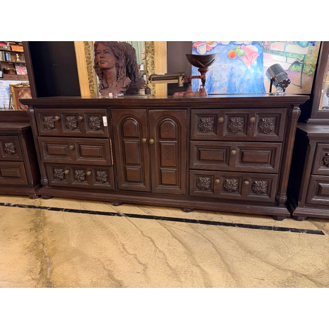 Vintage Spanish Revival Carved Wood Dresser & Matching Mirror Set For Sale In Los Angeles - Image 6 of 11
