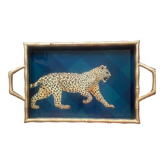 Leopard Gold Bamboo Tray With Handles For Sale