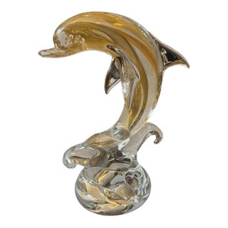 1990s Barovier Style Modern White and Gold Murano Glass Dolphin For Sale